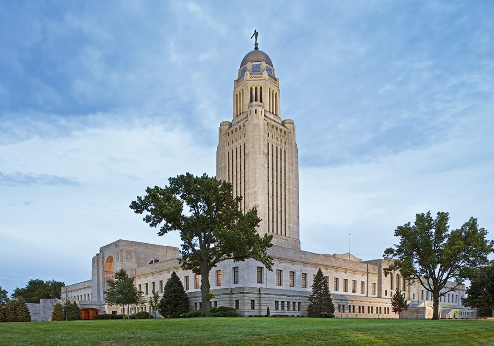 View of the exterior of the Nebraska State Capitol building