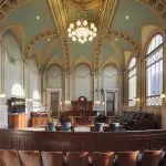 Interior image of a courtroom in the historic Polk County Courthouse in Des Moines, Iowa
