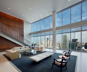 View of a seating area inside River Point Tower