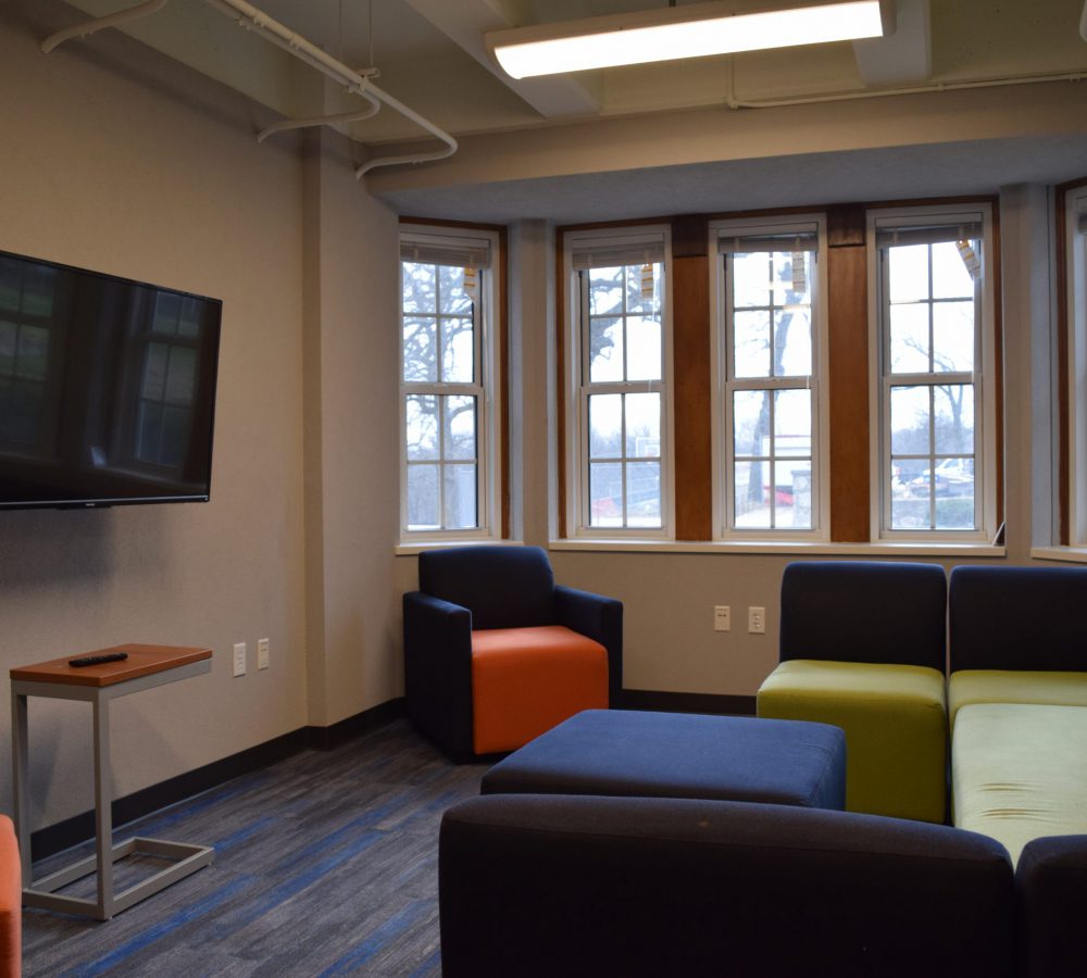 Interior shot of Peru State University's Delzell Hall's lounge area