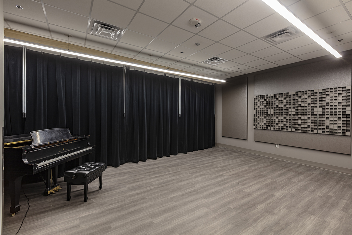View inside an OSU Greenwood School of Music practice room.