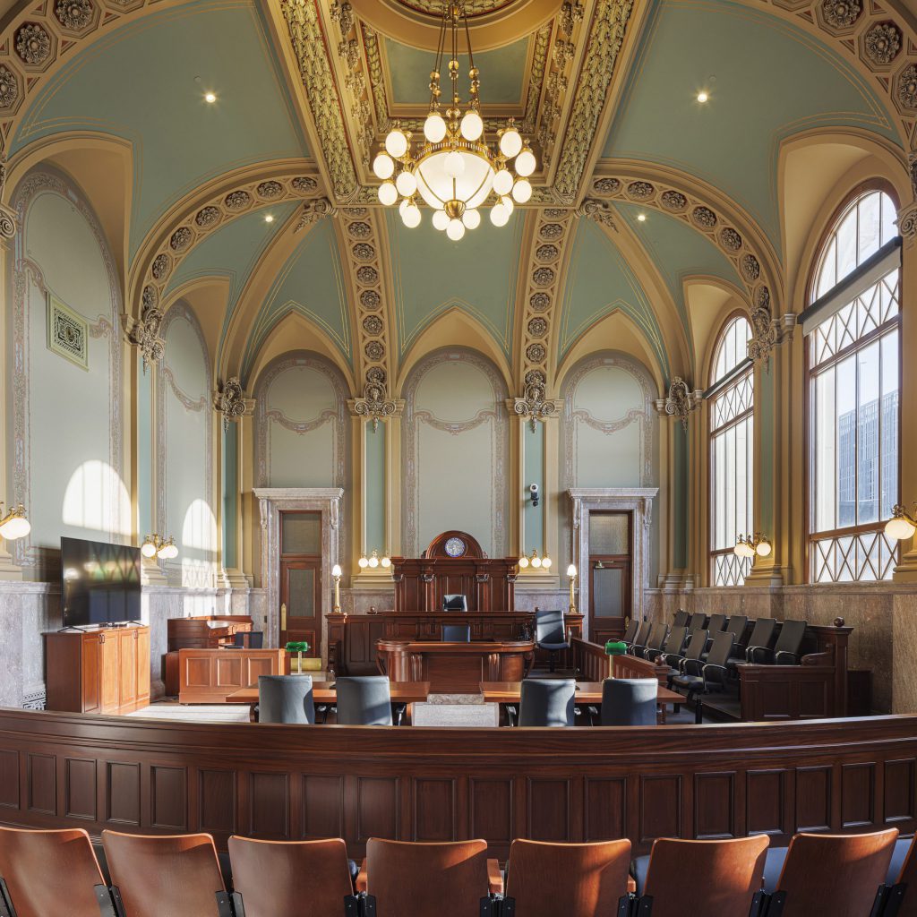 Interior image of a courtroom in the historic Polk County Courthouse in Des Moines, Iowa