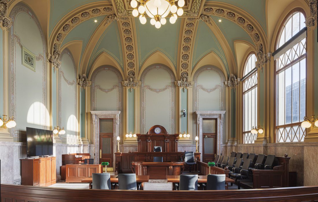 Interior image of a courtroom in the historic Polk County Courthouse in Des Moines, Iowa